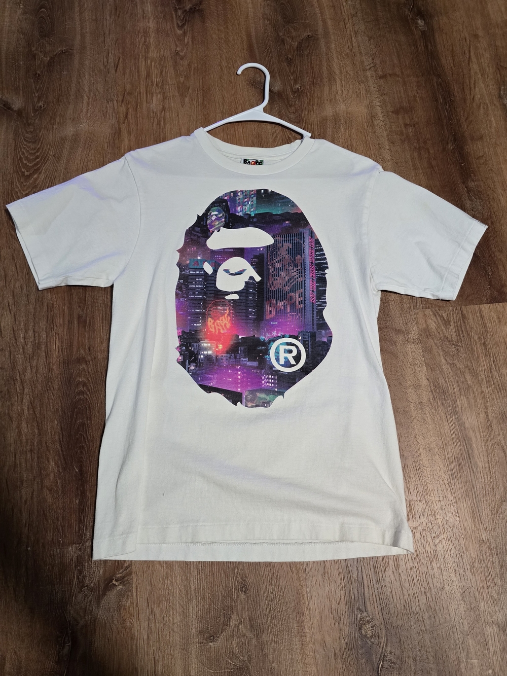 Bape White Tee with Purple & Blue City Ape Head Graphic